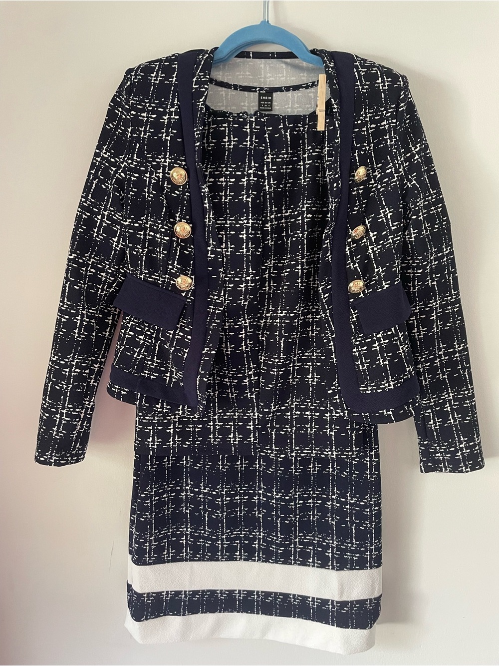 SHEIN Navy & White Tweed Blazer and Skirt Set